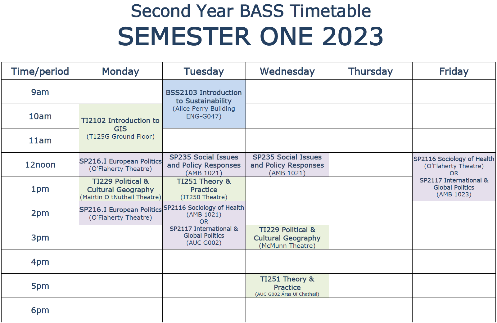 Year Two Timetable Semester One