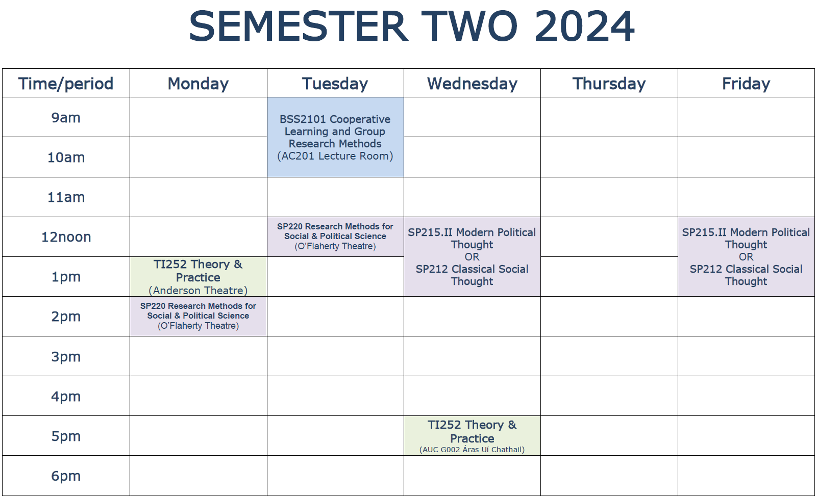 Year Two Timetable Semester Two